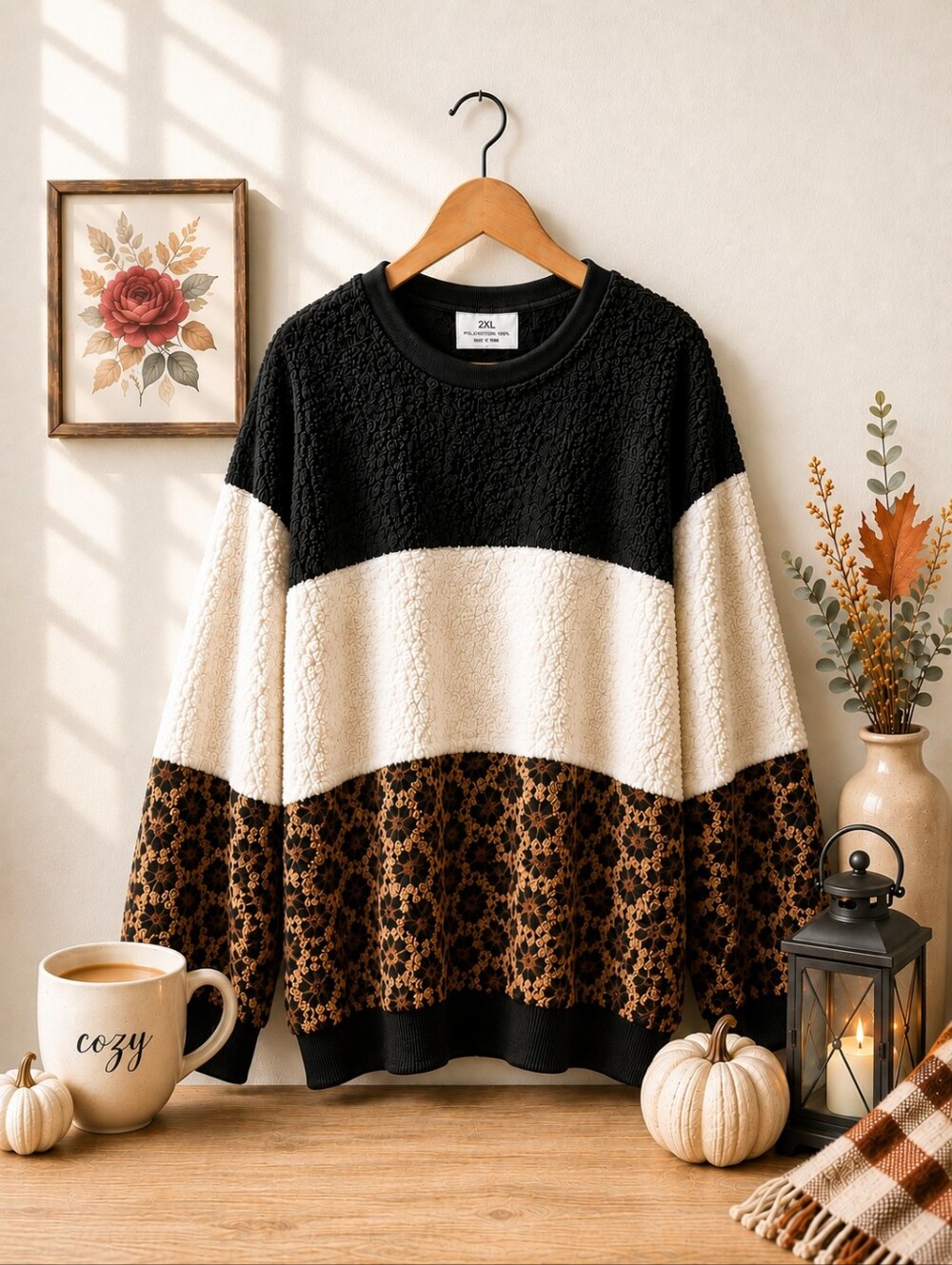 2XL Plus Leopard Colorblock Fuzzy Cozy Comfy Fall Oversized Pullover Sweater